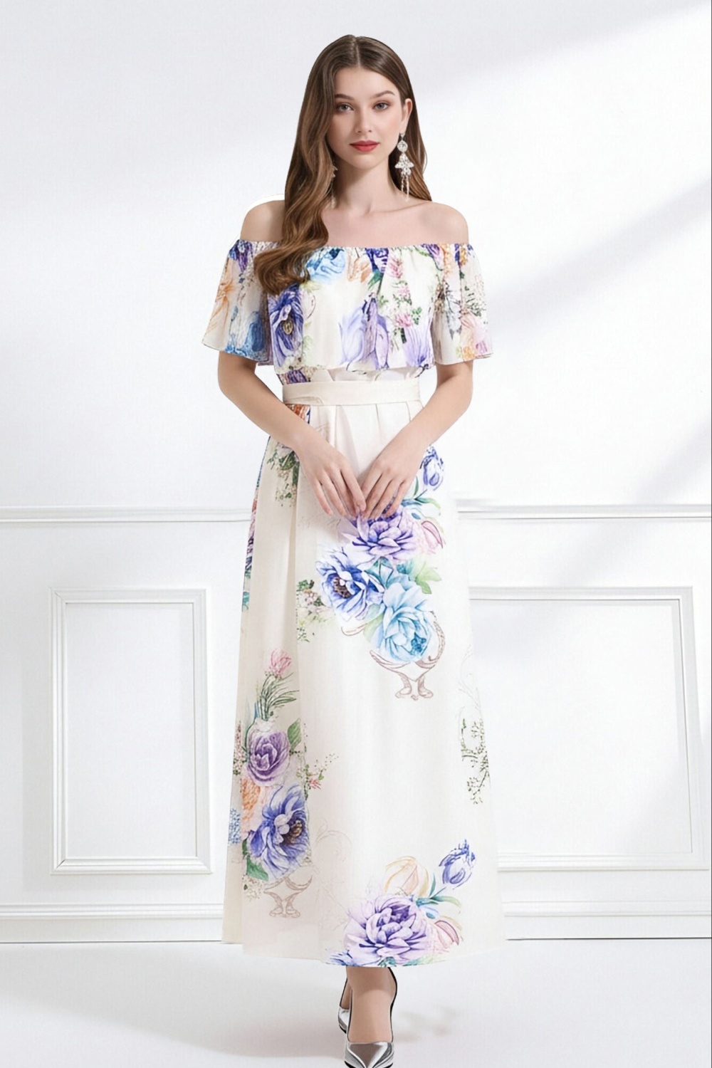 Pinched waist summer seaside lotus leaf edges dress