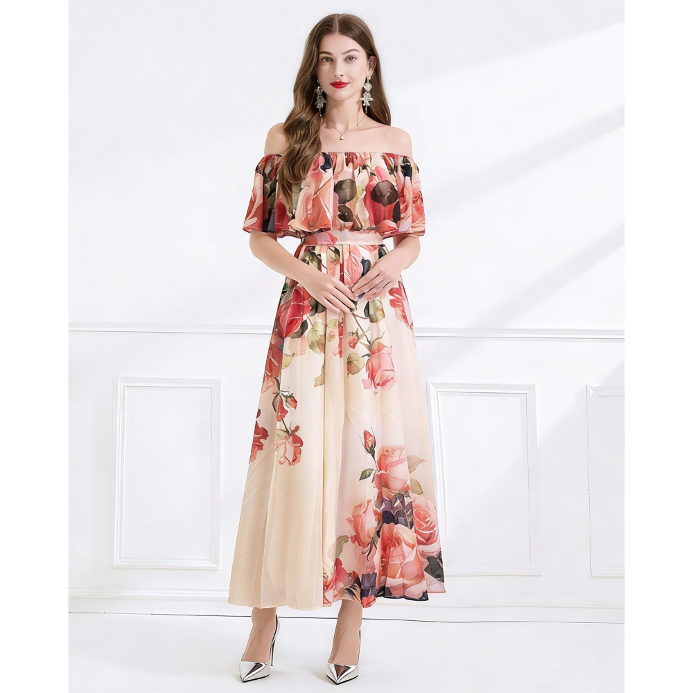 Vacation printing seaside flat shoulder summer dress