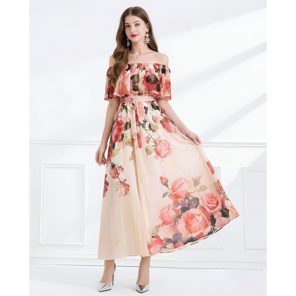 Vacation printing seaside flat shoulder summer dress