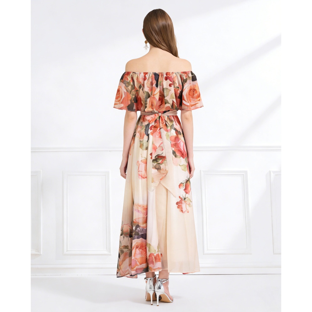 Vacation printing seaside flat shoulder summer dress