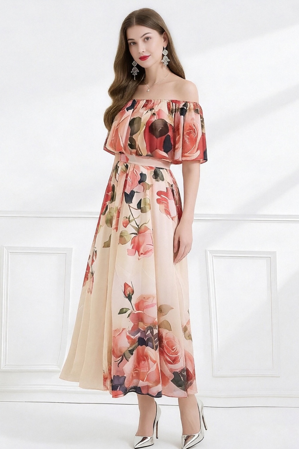 Vacation printing seaside flat shoulder summer dress