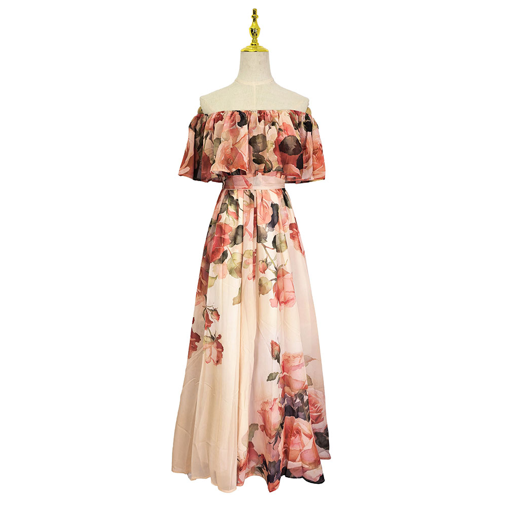 Vacation printing seaside flat shoulder summer dress