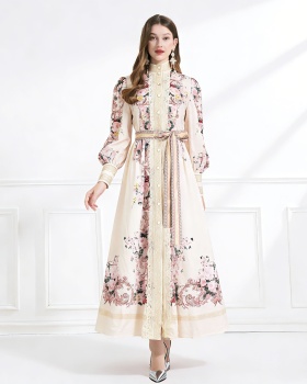 Pinched waist vacation printing long dress