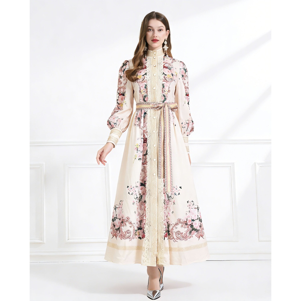 Pinched waist vacation printing long dress