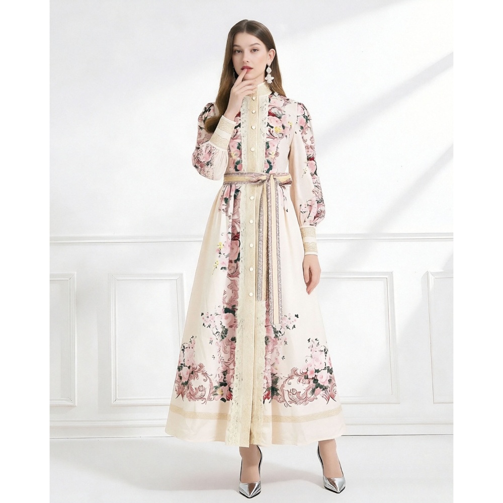 Pinched waist vacation printing long dress