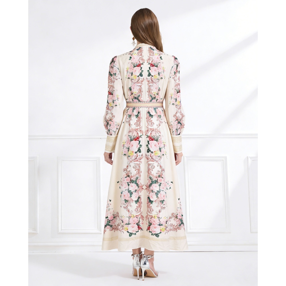 Pinched waist vacation printing long dress