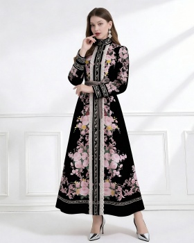 Splice lace cstand collar printing long dress