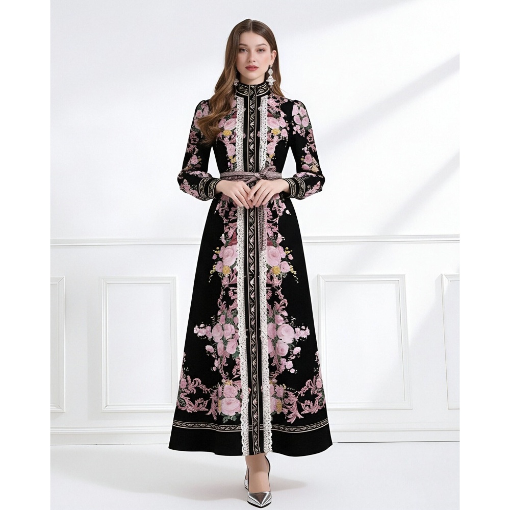 Splice lace cstand collar printing long dress