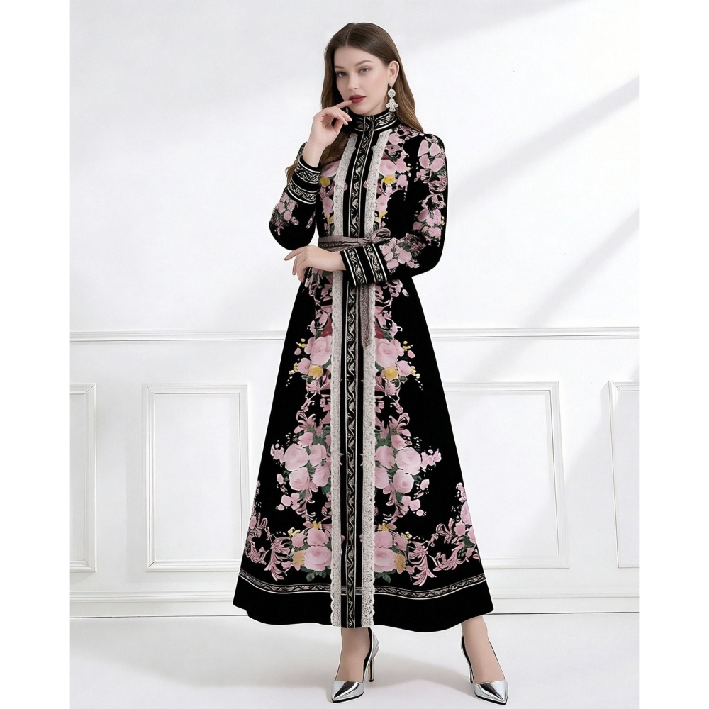 Splice lace cstand collar printing long dress