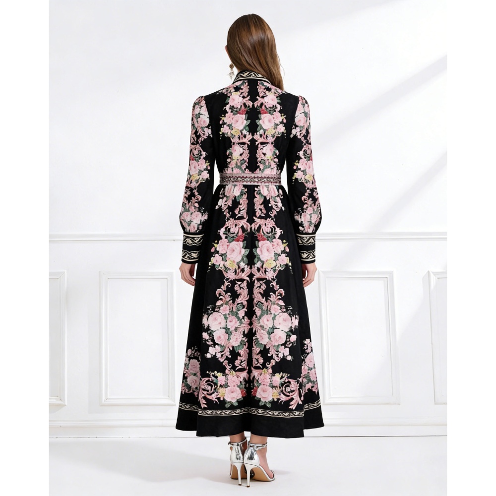 Splice lace cstand collar printing long dress
