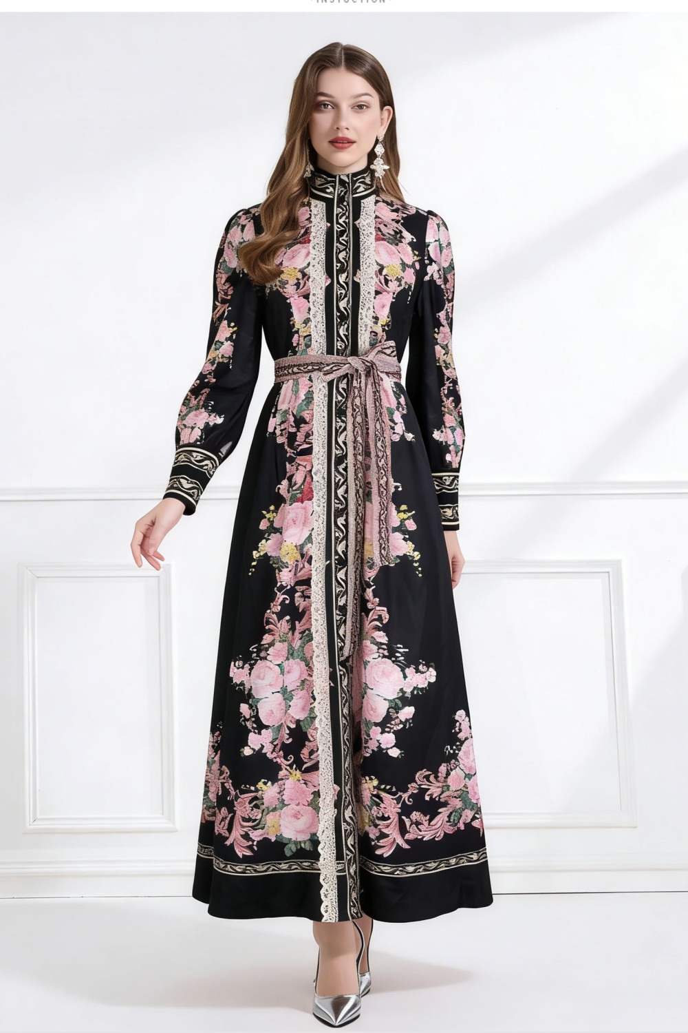 Splice lace cstand collar printing long dress