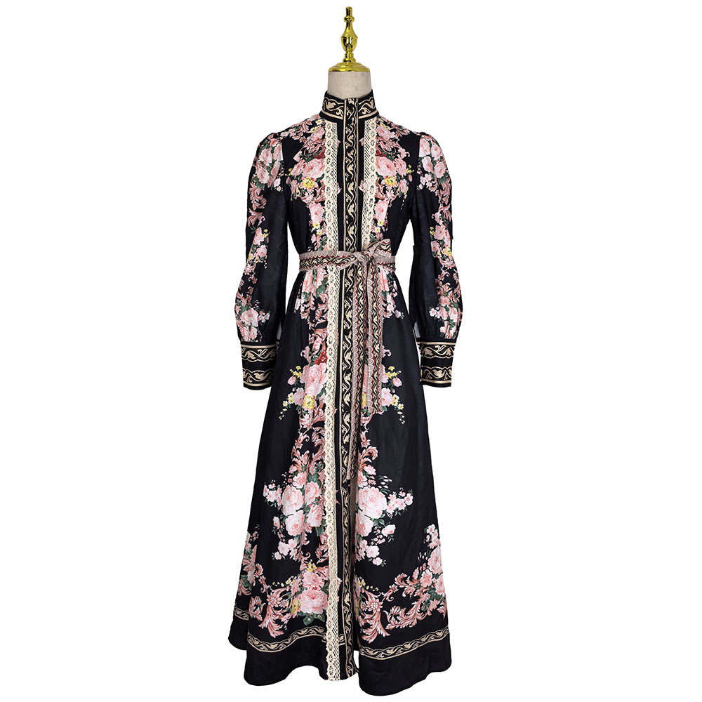 Splice lace cstand collar printing long dress