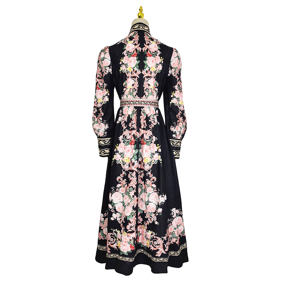 Splice lace cstand collar printing long dress