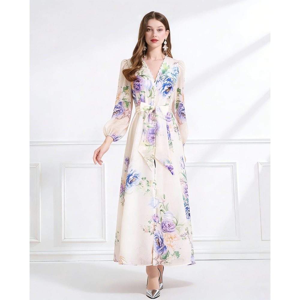 Lace V-neck spring frenum elegant single-breasted dress