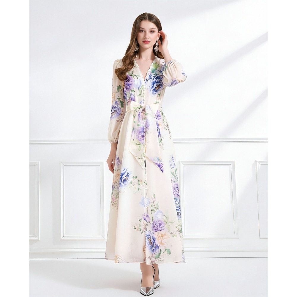 Lace V-neck spring frenum elegant single-breasted dress