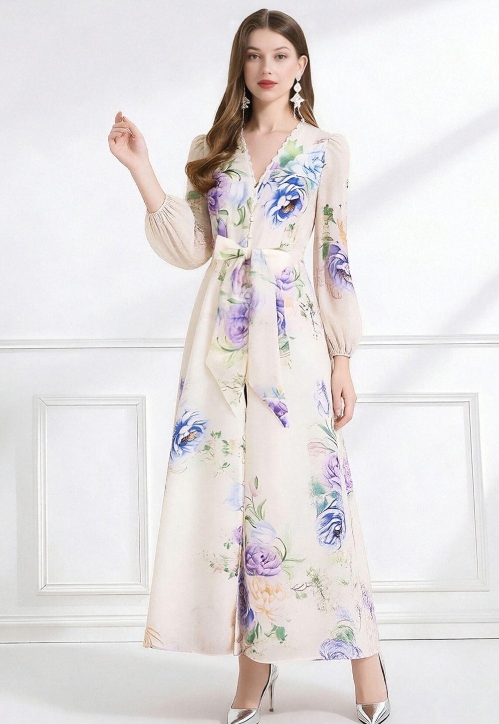 Lace V-neck spring frenum elegant single-breasted dress