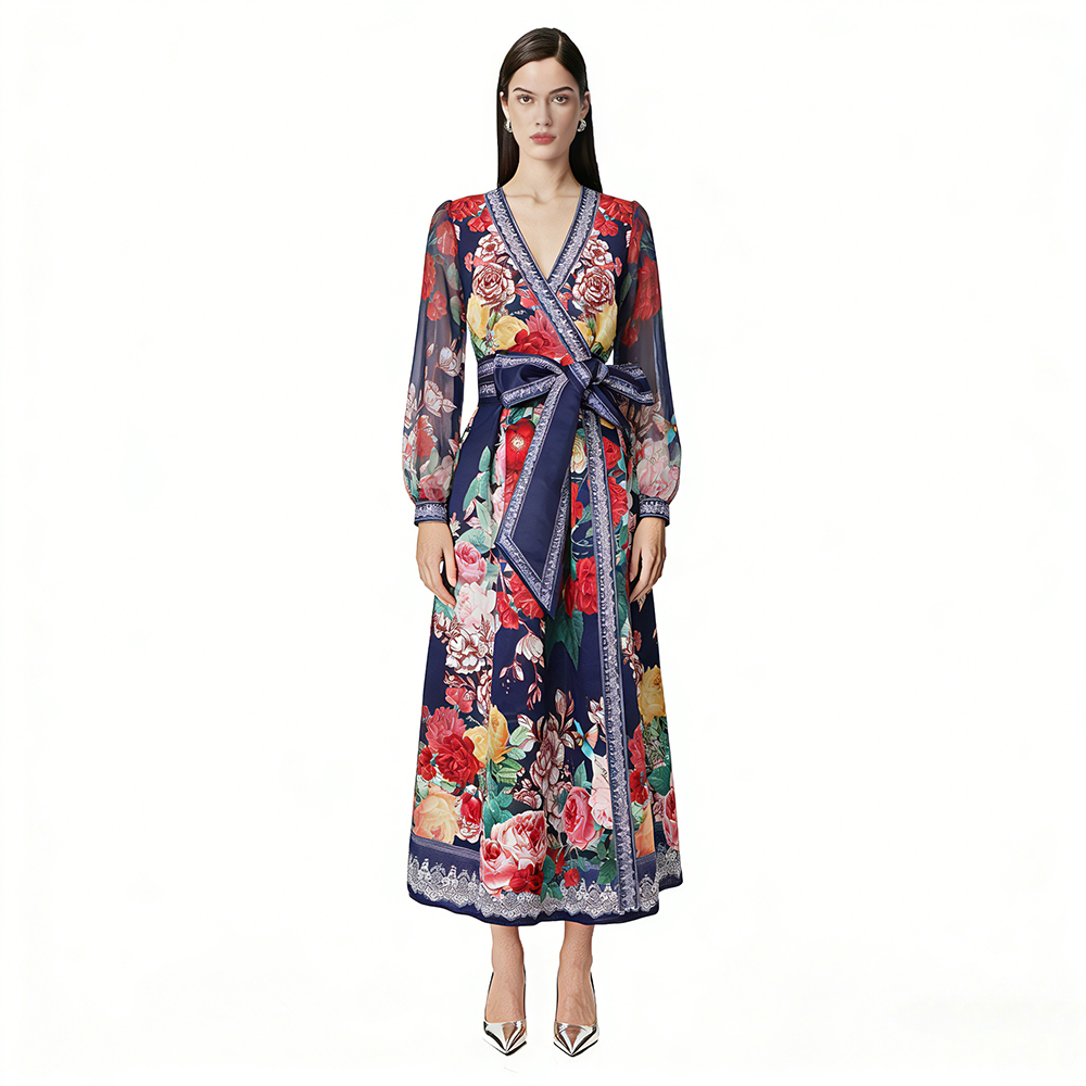 Printing cross collar frenum lantern sleeve vacation dress