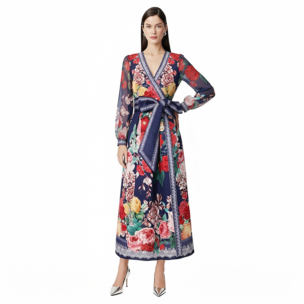 Printing cross collar frenum lantern sleeve vacation dress