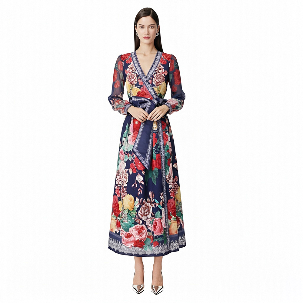 Printing cross collar frenum lantern sleeve vacation dress