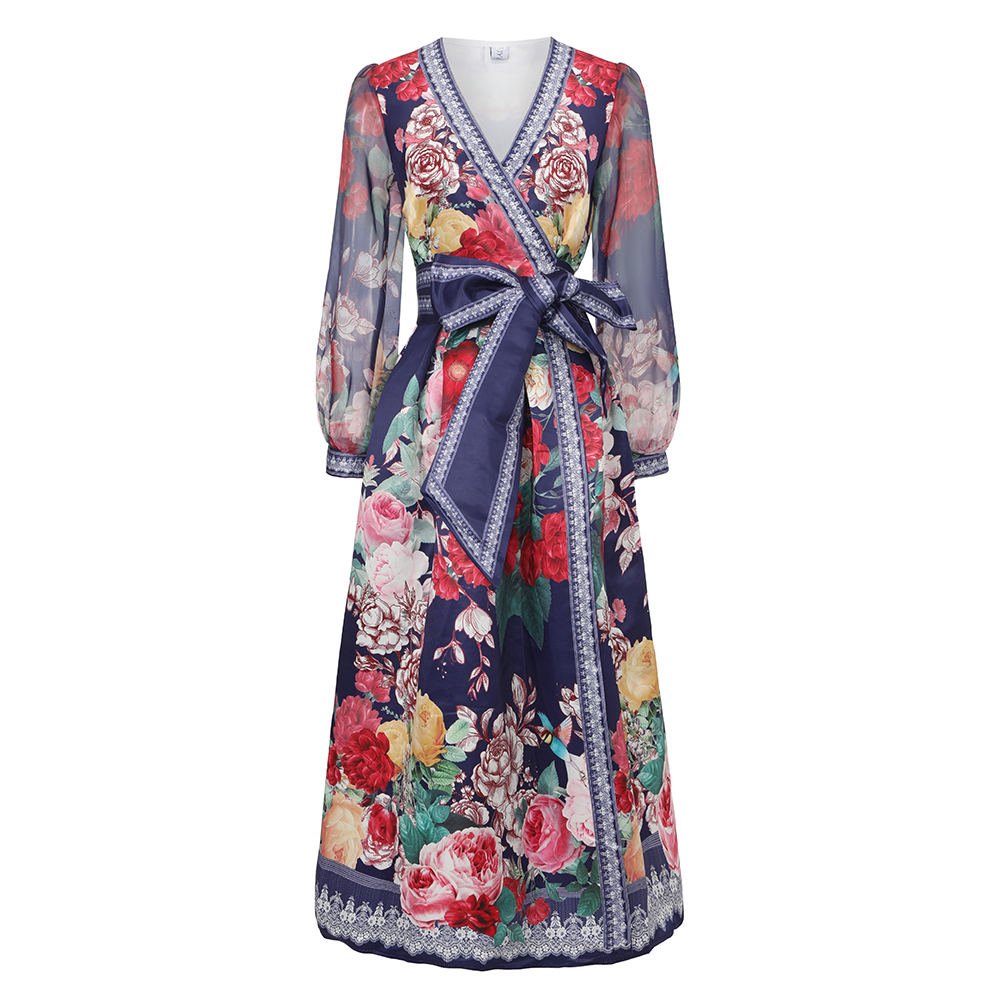 Printing cross collar frenum lantern sleeve vacation dress