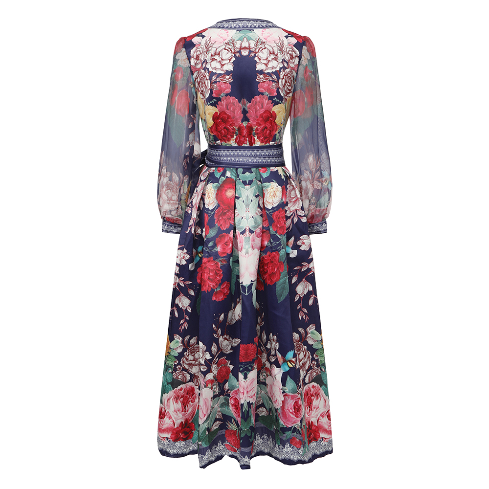 Printing cross collar frenum lantern sleeve vacation dress