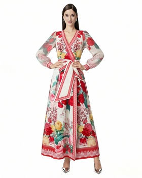 Printing lantern sleeve lotus leaf edges frenum dress