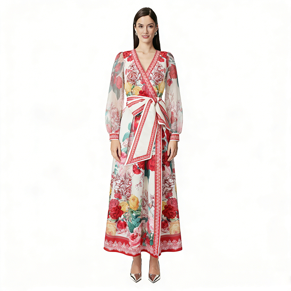 Printing lantern sleeve lotus leaf edges frenum dress