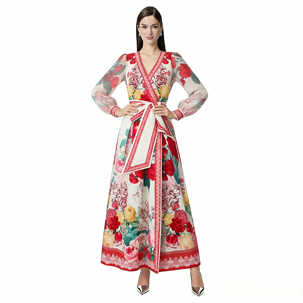 Printing lantern sleeve lotus leaf edges frenum dress