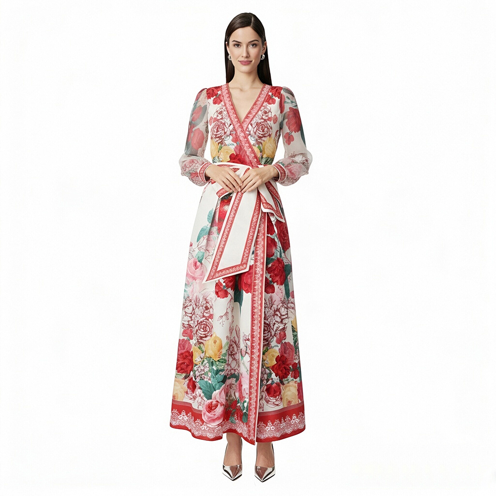 Printing lantern sleeve lotus leaf edges frenum dress