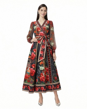 Lantern sleeve lotus leaf edges cross collar frenum dress