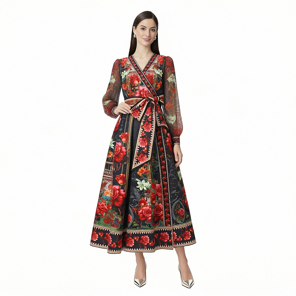 Lantern sleeve lotus leaf edges cross collar frenum dress