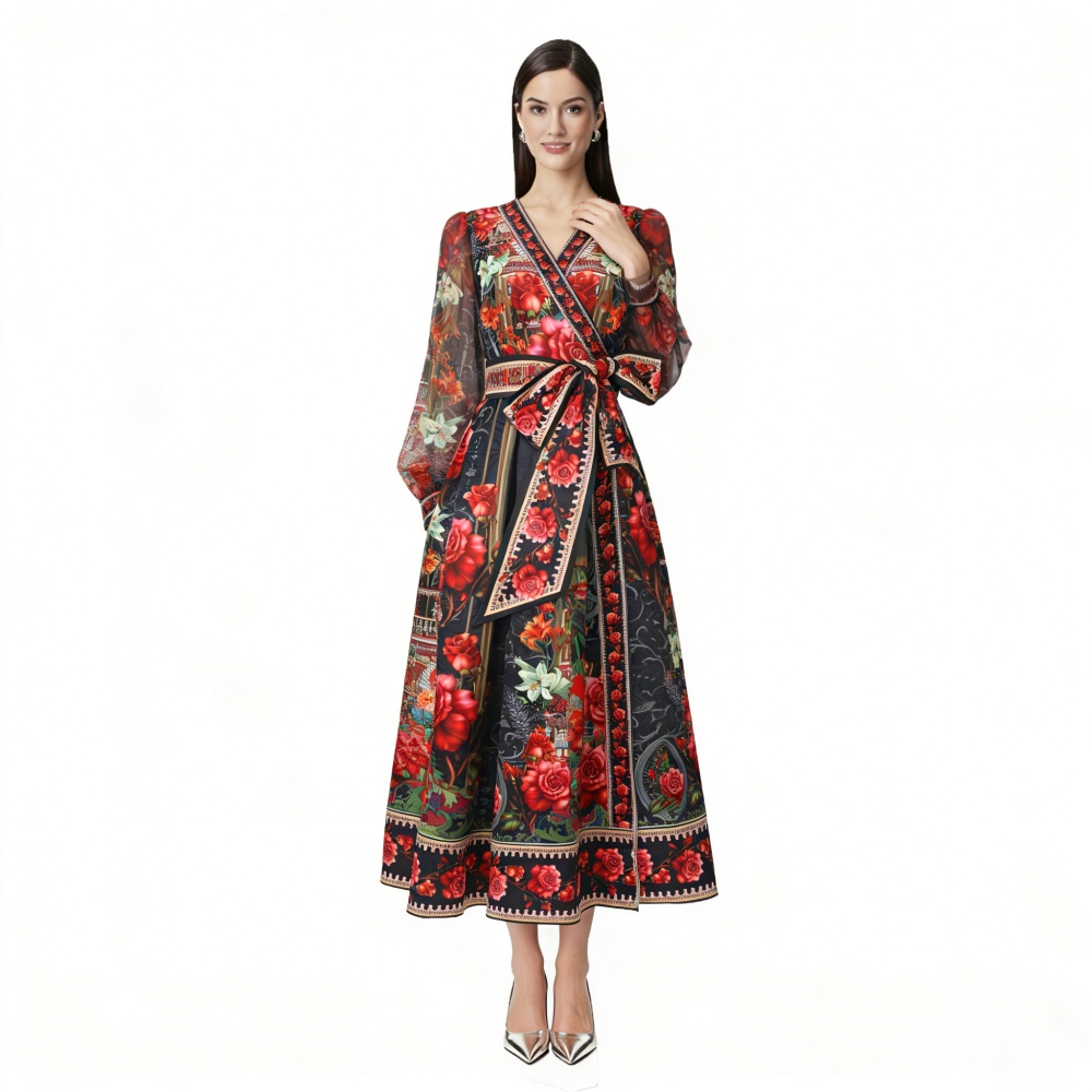 Lantern sleeve lotus leaf edges cross collar frenum dress