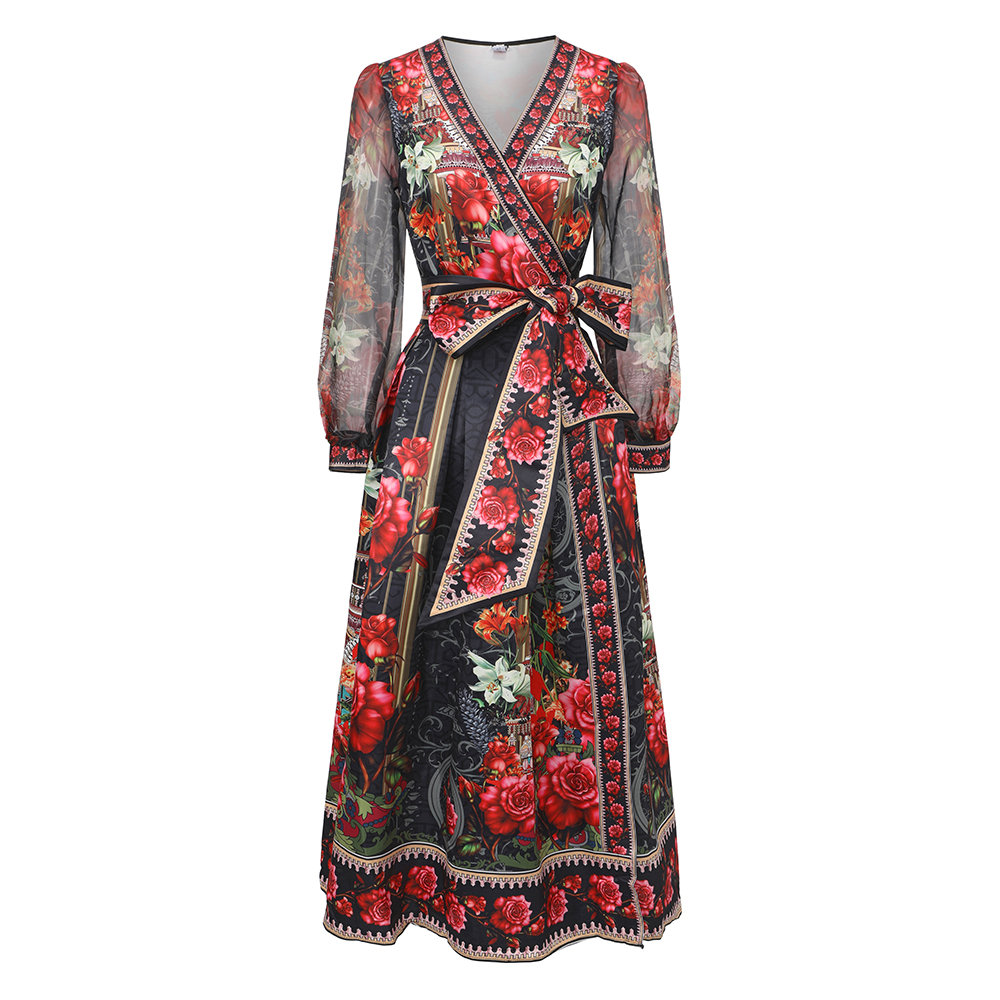 Lantern sleeve lotus leaf edges cross collar frenum dress