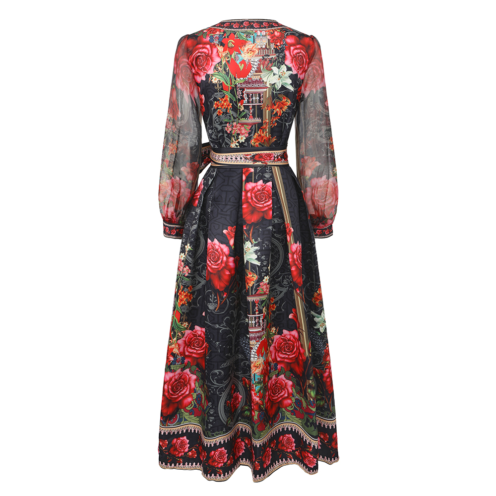 Lantern sleeve lotus leaf edges cross collar frenum dress