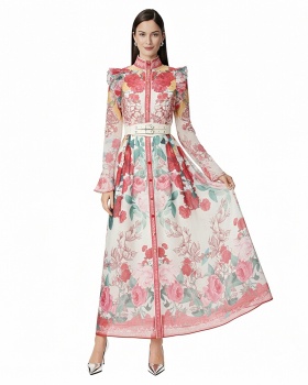 Pattern flowers single-breasted cstand collar dress