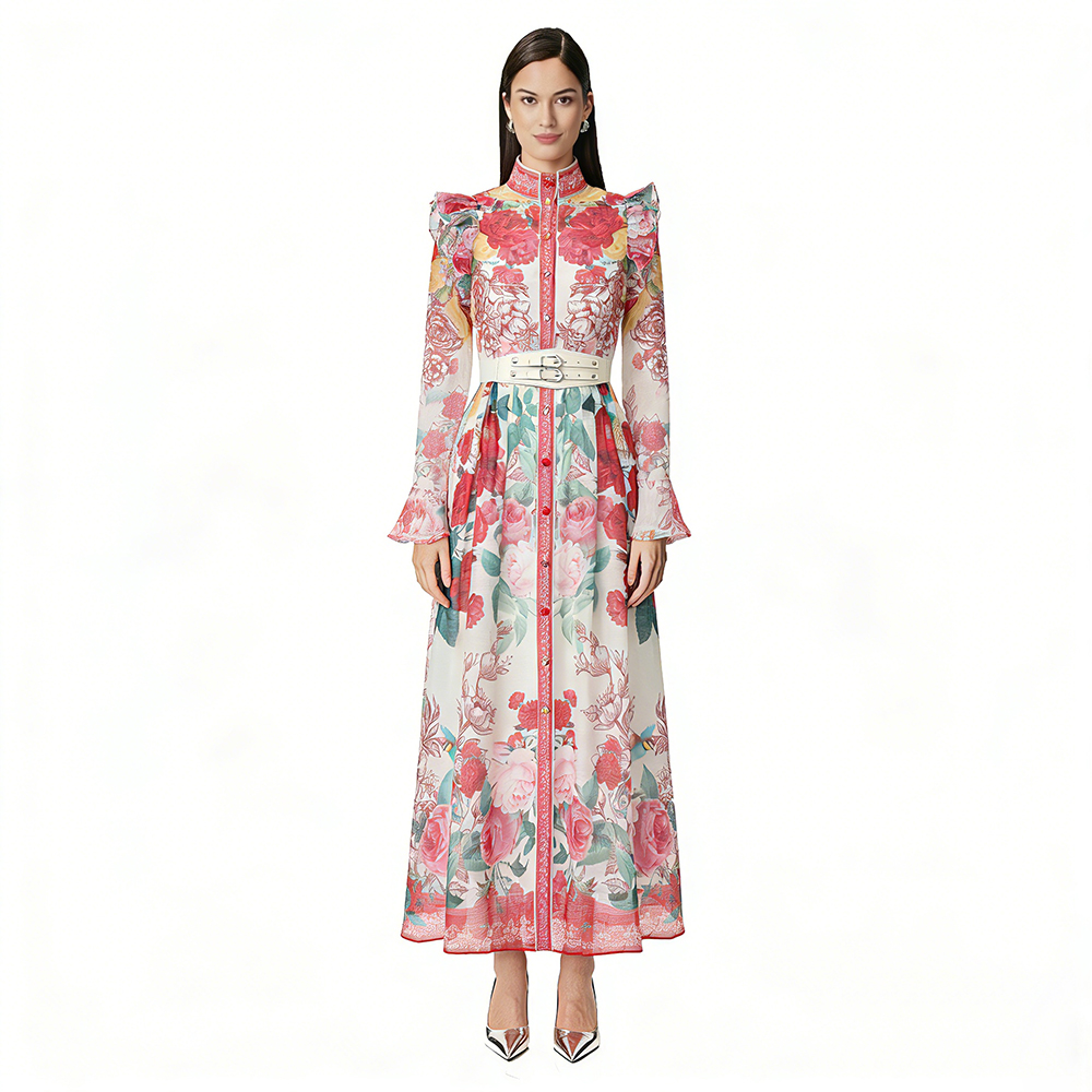 Pattern flowers single-breasted cstand collar dress