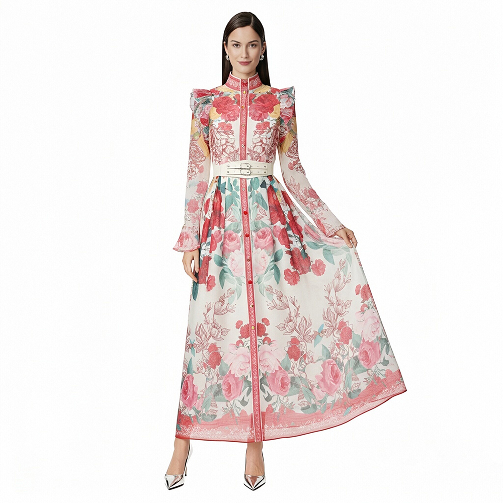 Pattern flowers single-breasted cstand collar dress