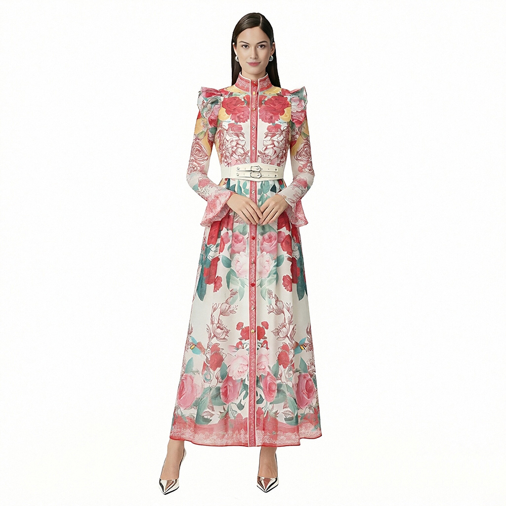 Pattern flowers single-breasted cstand collar dress