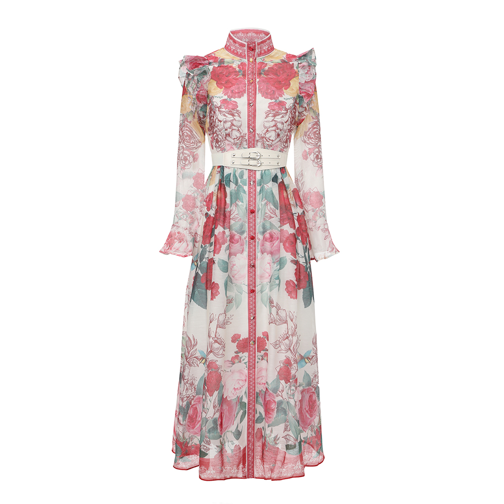 Pattern flowers single-breasted cstand collar dress