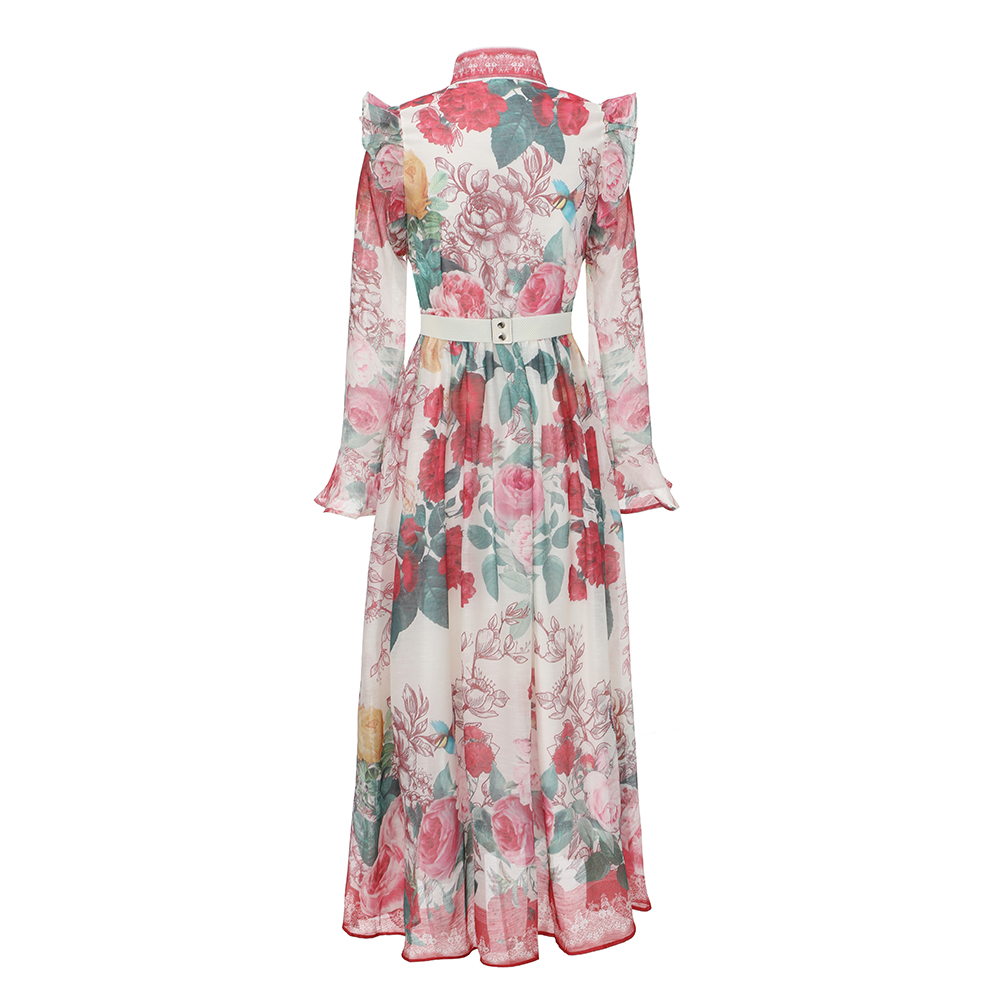 Pattern flowers single-breasted cstand collar dress