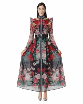 Pattern silk linen cstand collar flowers dress