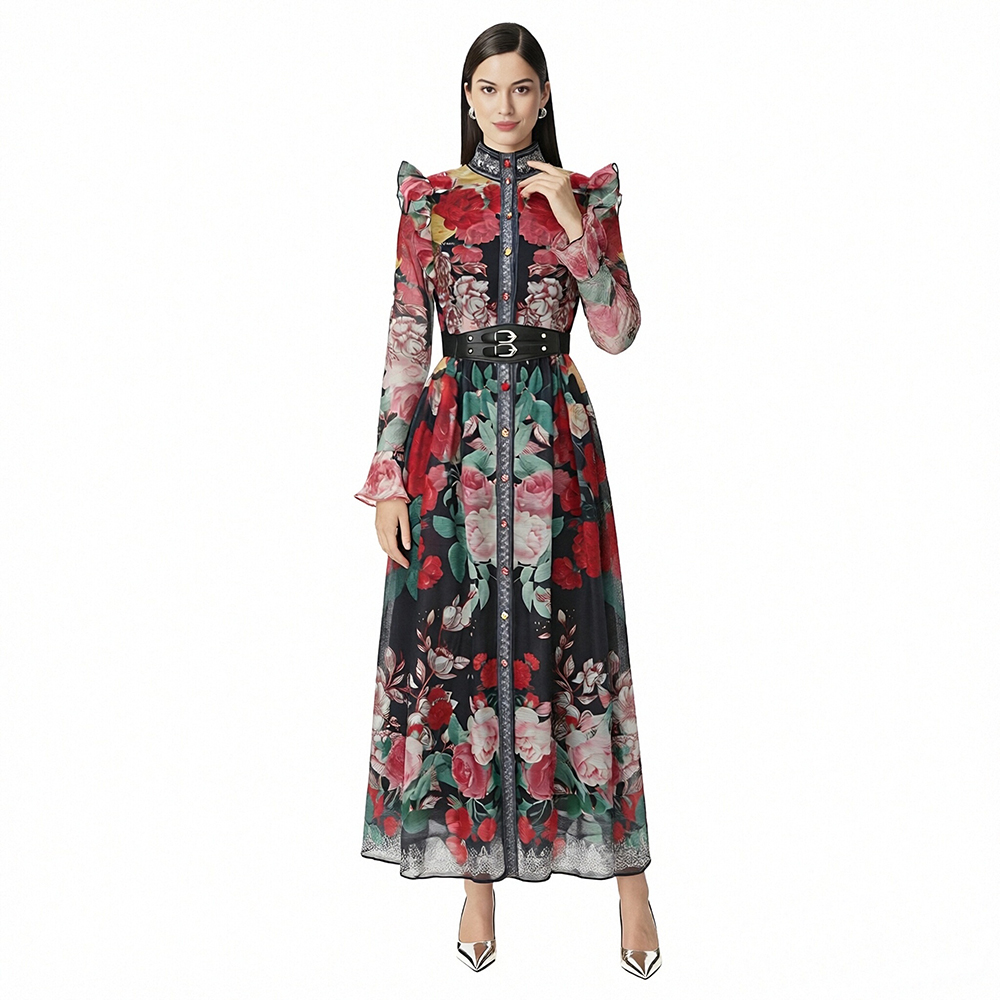 Pattern silk linen cstand collar flowers dress