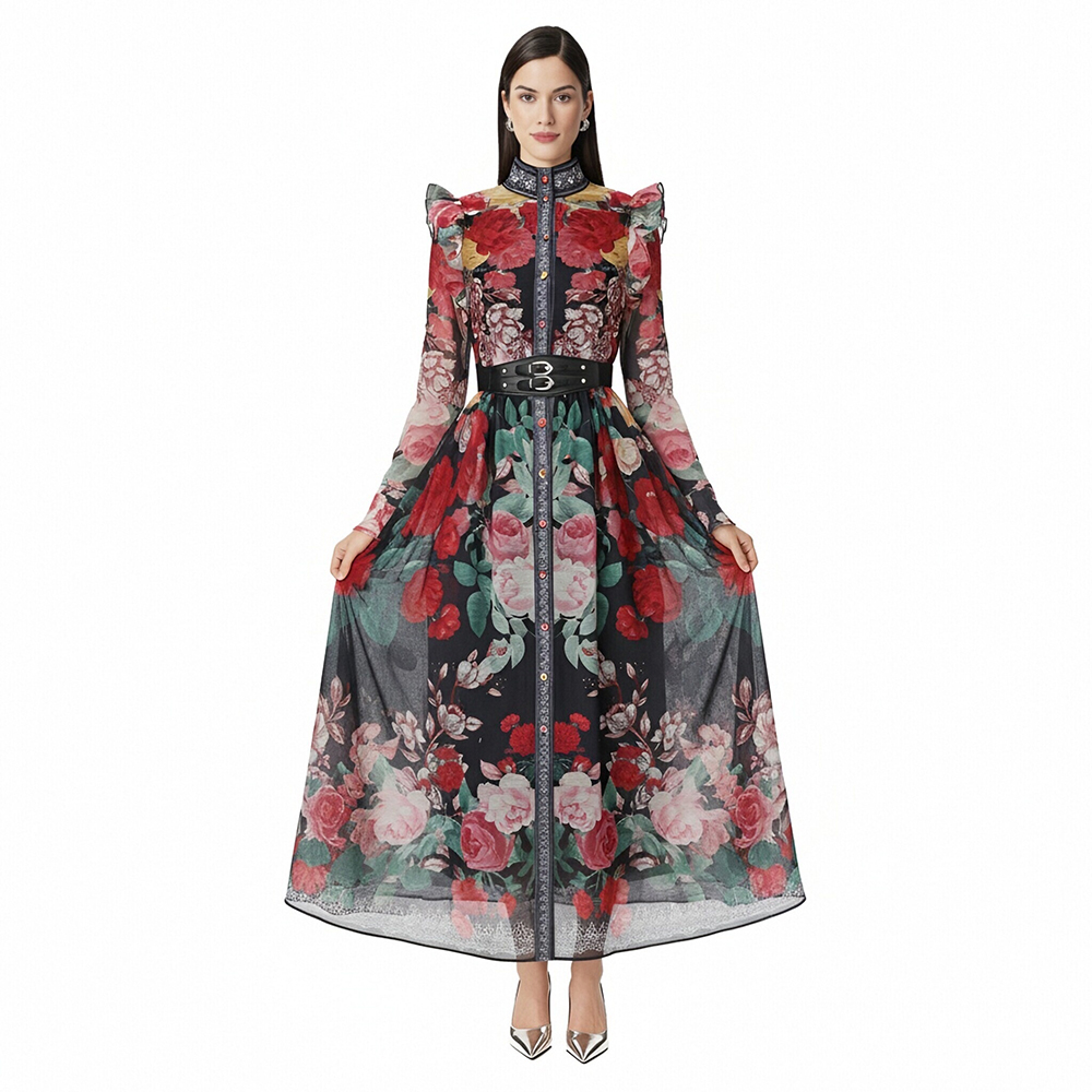 Pattern silk linen cstand collar flowers dress