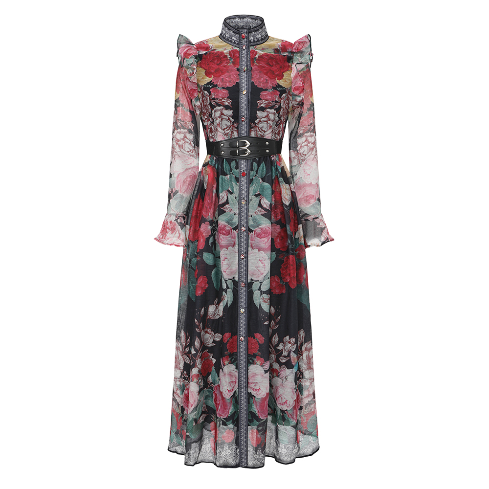 Pattern silk linen cstand collar flowers dress