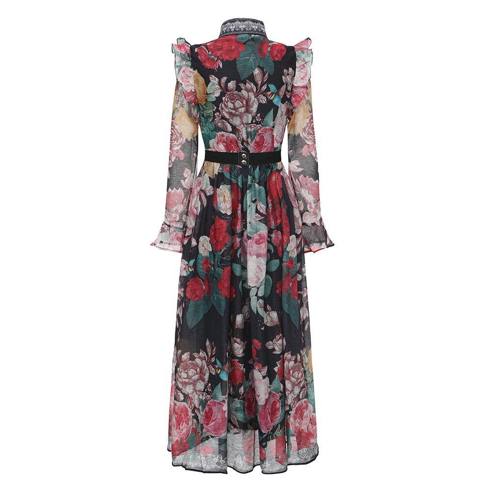 Pattern silk linen cstand collar flowers dress