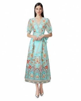 Cross collar frenum printing short sleeve dress