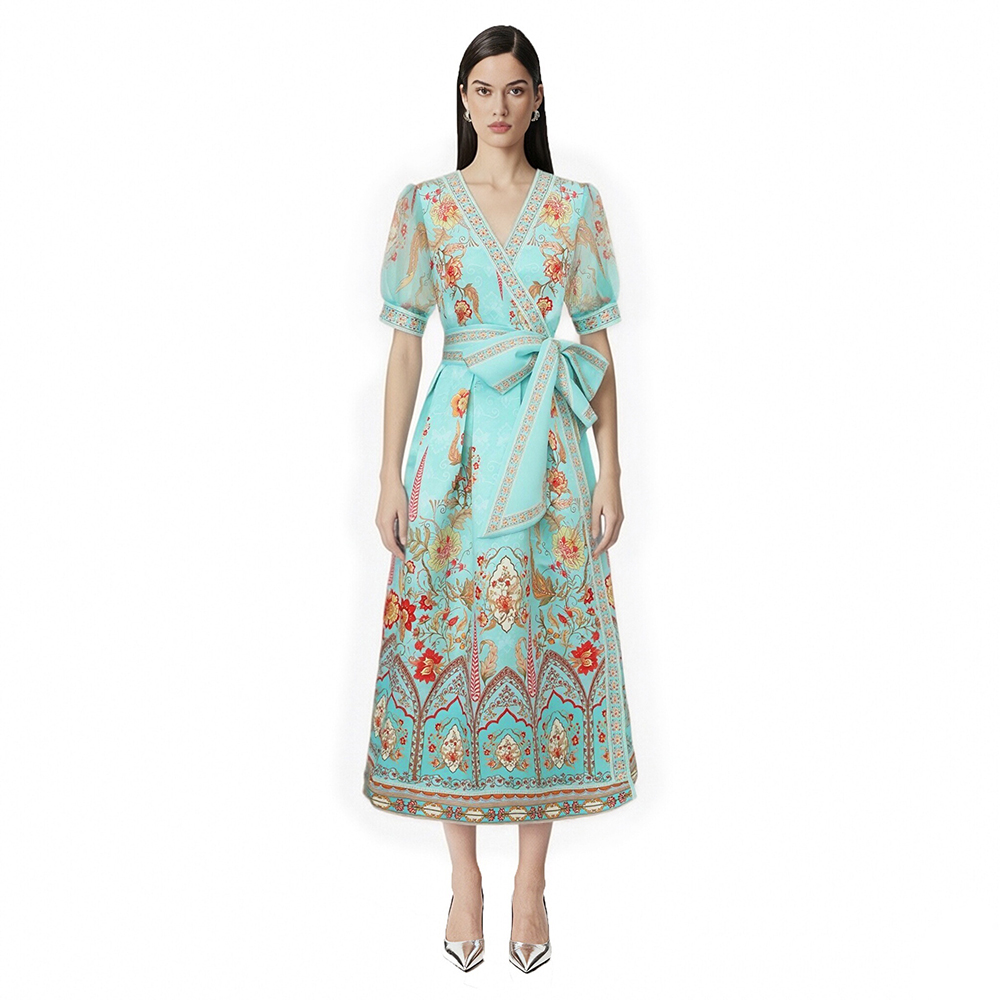 Cross collar frenum printing short sleeve dress