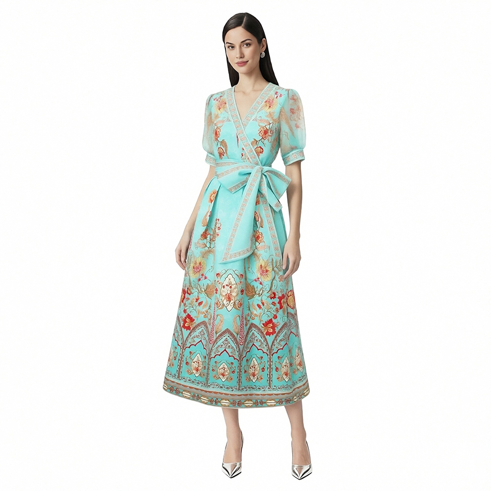 Cross collar frenum printing short sleeve dress