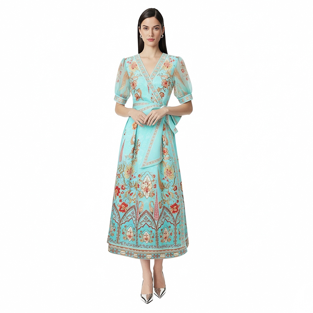 Cross collar frenum printing short sleeve dress