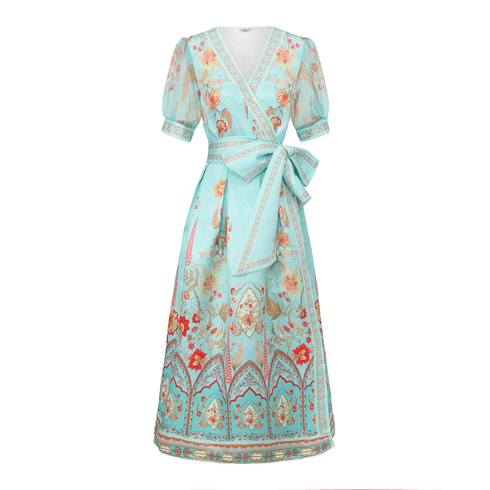 Cross collar frenum printing short sleeve dress